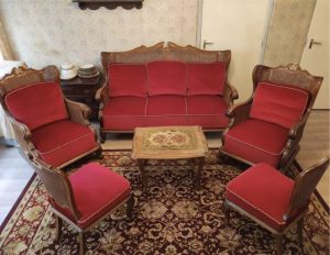 Reeded baroque salon set, newly renovated 5-piece fire red