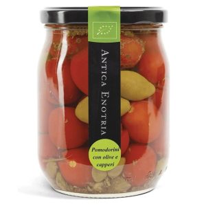 Organic Raw Tomatoes, Capers & Olives in a Glass