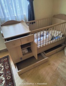 Cot, wardrobe and changing table