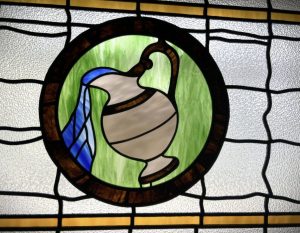 Stained glass window, tropical wood frame