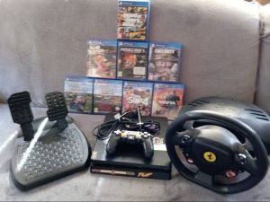 Playstation 4 SLIM + steering wheel, pedals + games