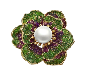 Green Lotus Enamel and Crystal Brooch